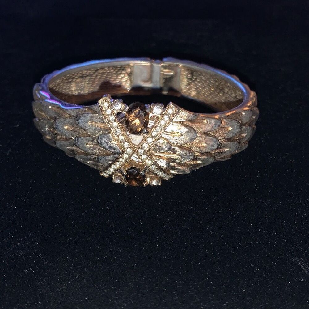 Vintage 1960’s Gold Tone Smoky Quartz Snake Dragon‎ Scale Hinge Swiss Watch